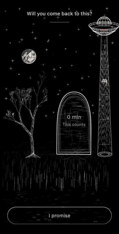 The field, a drawn night scene where a session you set down early rests under a stone reading 0 min, this counts, with the question will you come back to this