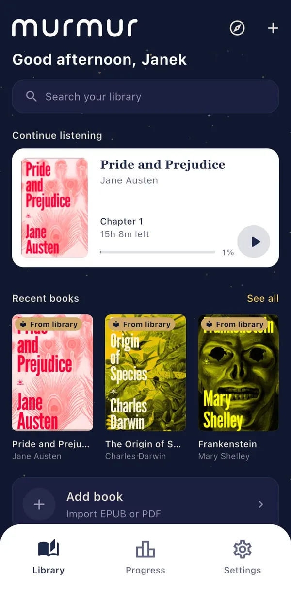 Murmur library with a book in progress and recent books