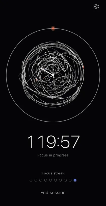 A focus session in progress with almost two hours held, the tangle slowly untangling while your chosen apps stay shut