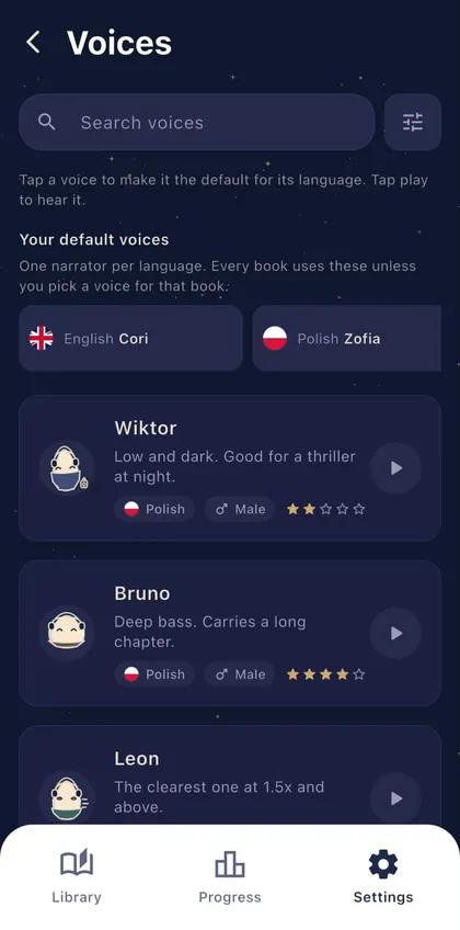 Murmur voice picker showing on-device neural voices